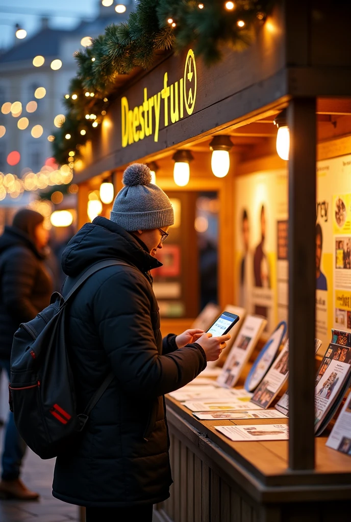 A picture of a Christmas information stand of Amnesty International at a Christmas market The picture should not have any writings except the Amnesty logo