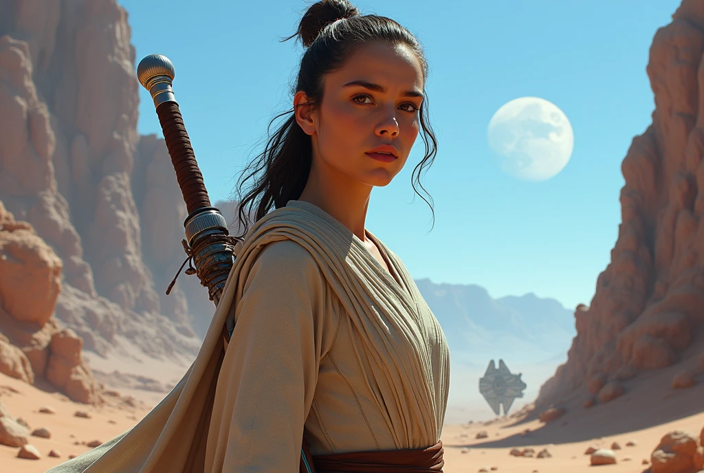 Ultra-realistic, 息を呑むような若きJediのイメージ, .(((Rey Skywalker(Rey Skywalker)Genuine,Daisy Ridley herself)))(((Capturing the Star Wars Universe. Jedi, A symbol of calm strength and determination, A scrap of military uniform was wrapped around the grip.、He owns a quarterstaff that came with a brogus leather and wool strap.,Fighting the First Order,Combat Ready,Holding a quarterstaff with both hands,. Rey Skywalker(Rey Skywalker)Costume, Full body photo,Next to Rey is a Resistance astromech droid、There&#39;s BB-8,Her clothes are fluttering in the wind))), It hints at the dynamic movement and agility she is preparing to show.. The setting is the planet Tatooine(tatooine)The vast desert, Otherworldly landscapes - rocky cliffs and alien vegetation combine, Two suns in the distance, The sky is a dramatic blue. background, Majestic Desert, The Falcon appears, The towering spire blends into the rugged terrain., Jedi・オーダーの永続的な遺産を象徴する. 若きJediの顔は若々Successfully、Wise beyond his years, Intense, Focused eyes reflect devotion to the Force. The details are impressive。skin texture, etc., Small rocks and particles float slowly, Creates an aura of cosmic connection and power. The overall composition is vibrant and dynamic., The perfect balance of light and shadow, Capturing the epic, The mystical atmosphere of the Star Wars saga. This image evokes a sense of adventure, destiny, And the eternal battle between light and darkness, Jediの世界への素晴らしいトリビュートとなっている.