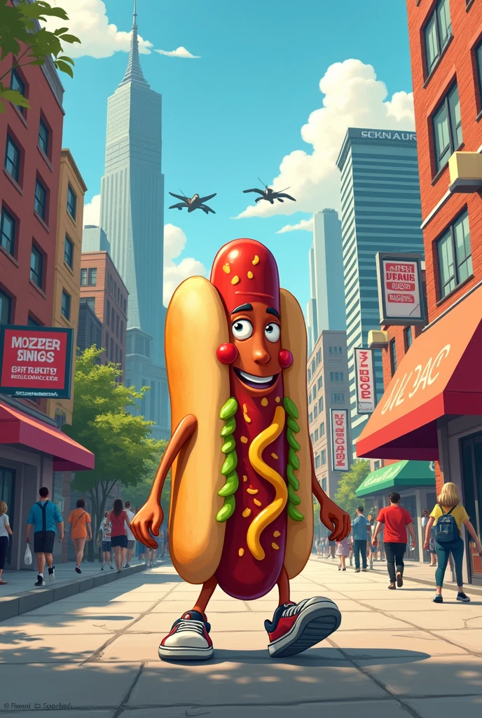 a hotdog that is in a city walking