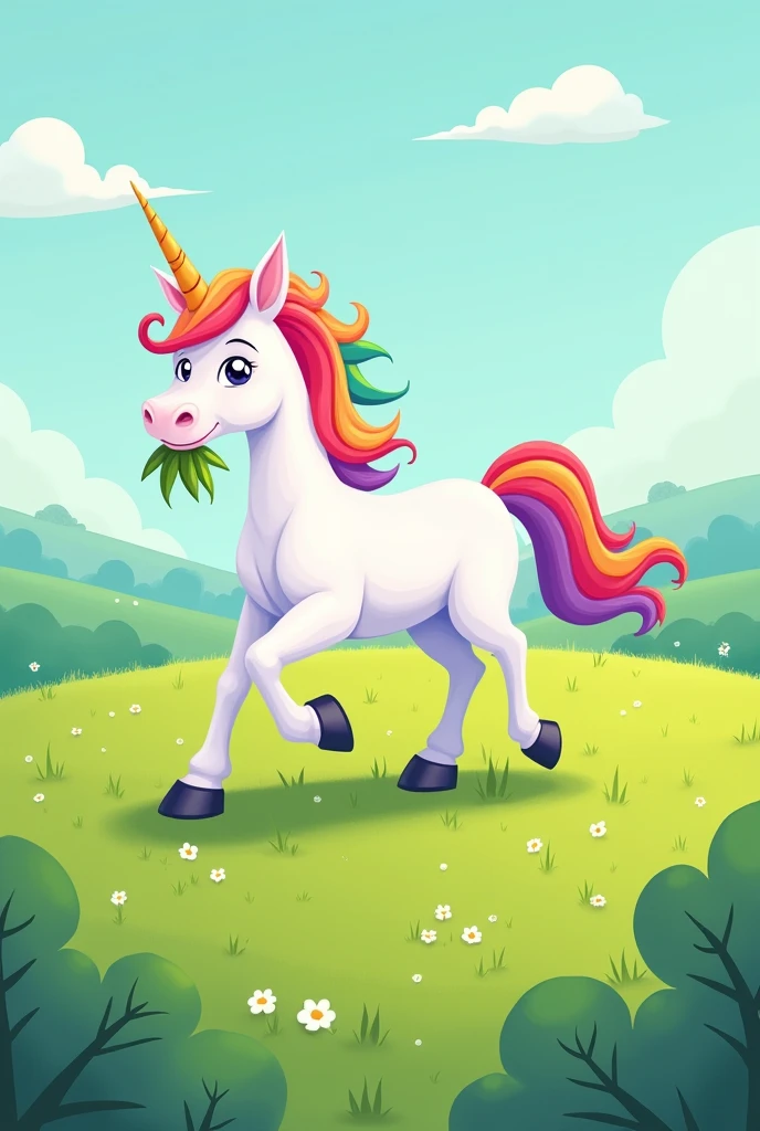 Unicorn with green grass in its mouth galloping with rainbow tail rainbow mane simple cartoon style 