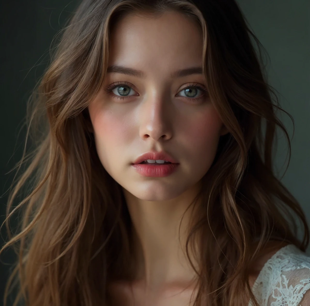 (Photorealistic、Masseter muscle area、Highest quality、High resolution、RAW Photos)、(full body, no cloth, glamorous body)Realistic、Bright lighting、Face Light、Smooth Professional Lighting、pretty girl、Beautiful woman、Modeled、gravure、natural makeup、so beautiful、Realistic and beautiful skin、plum thighs, Beautiful and detailed、Detailed face、Big tits、Cleavage、wavy hair、Brunette colored hair、Brown eyes, sexy face, looking at the camera、take a picture, Seductive Pose, angle from above, Sexy lingerie++,look of impending kiss+++