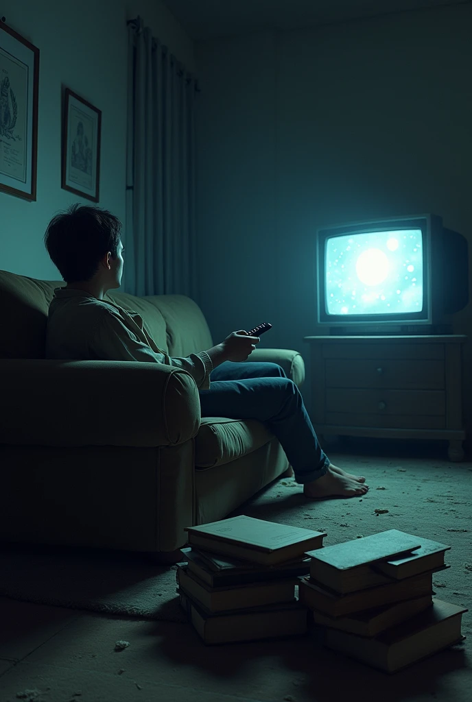Image of a person lying on a sofa, holding the TV remote and staring at the screen. A pile of dusty books is piled next to it.