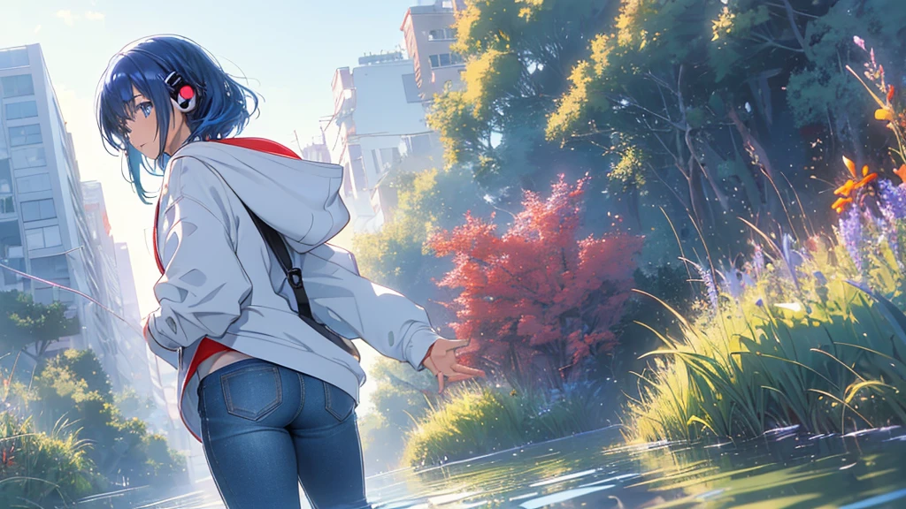 ((Highly detailed face,Perfect Face)),(Beautiful Face: 1.1), (((Perfect hands,Perfect Anatomy))),Sexy Body,＜skin、The 髪、quality＞ Transparency, 輝くskin, shiny 髪, ＜quality＞ Top quality, ４ｋquality, High resolution, 超High resolution, 8k,(Vibrant colors: 1.2), High resolution, Super Detail, Ultra Sharp, super High resolution, Movie script, , (wonderful_quality: 1.0), ＜vision、Expressionless、Pause prompt＞ Sparkling eyes, ((Rear View)), attractive, Shining Eyes, Are standing , Raise one leg,　((masterpiece)), top-quality, アニメアート壁紙 8k, (( Walking on Water)),, ripple, Dawn Background, Saturn in the background, Consciousness upward, Concept Art, And soul, Key Visual, WLOPによるトレンドのpixiv Fanbox, Greg Rutkowski, Makoto Shinkai, mamoru hosoda, Studio Ghibli, ウユニ塩湖のWind景, ((Shoot in the back, whole body)),The beauty of the footboard､　Open your arms,　floating 髪, Outdoor, Wind,　(((barefoot)))、Beautiful Waterfront((Blue Hair、Shortcuts、jeans、White hoodie、Red headphones))