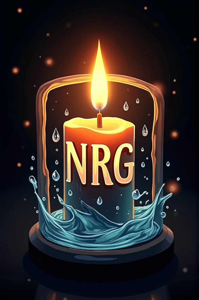 Create a logo of a hydroelectric plant inside a candle-light frame with water droplets surrounding the NRG name in the center 