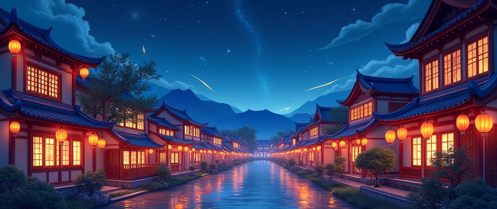 Illustrate a vibrant Asian village scene at night, featuring traditional houses with glowing windows and colorful paper lanterns. The background showcases a beautiful dark blue sky filled with constellations. Incorporate dynamic visual effects such as shooting stars or northern lights to create an enchanting mood. Reserve a portion of the layout for a logo and text. Aim for a high-resolution 8K landscape format.