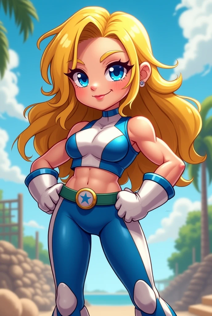 Chibi, muscle kid girl, sexy, cute, tiny smile, blue eyes, sunnny day, power rangers blue white latex clothes, ombreira, yellow hair, thicc,cartoon, big breasts