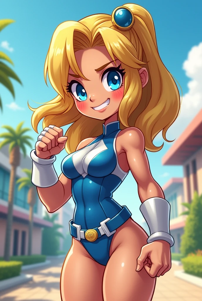 Chibi, muscle  girl, sexy, cute, tiny smile, blue eyes, sunnny day, power rangers blue white latex clothes, ombreira, yellow hair, thicc,cartoon, big breasts
