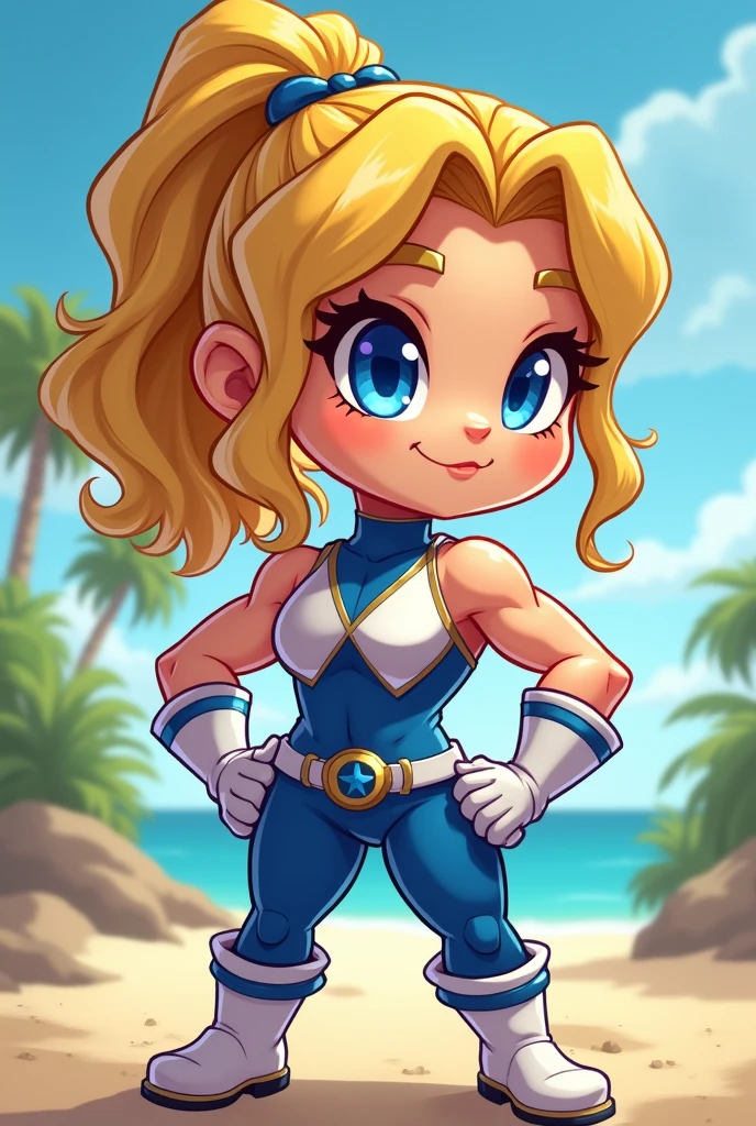 Chibi, muscle ??? girl, sexy, cute, tiny smile, blue eyes, sunnny day, power rangers blue white latex clothes, ombreira, yellow hair, thicc,cartoon, big breasts
