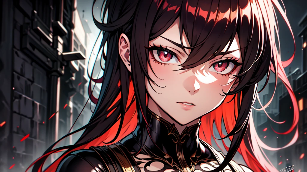 A 16k realistic portrait masterpiece, realistic soft detailed lines, highest resolution, every detail, meticulousness, depth of field, bright colors, beautiful composition: a girl Teenage girl with dark hair and highly detailed innocent eyes, standing against a dark and ominous landscape. sexy silk dress.