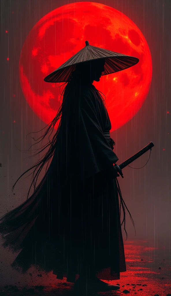 Demon Slayer 1 Yoriichi Tsugikuni。silhouette，There is a red moon in the background、Show me the sword、He is wearing a straw hat，The color is black.、The moon is in the center of the body、No Face。rain，