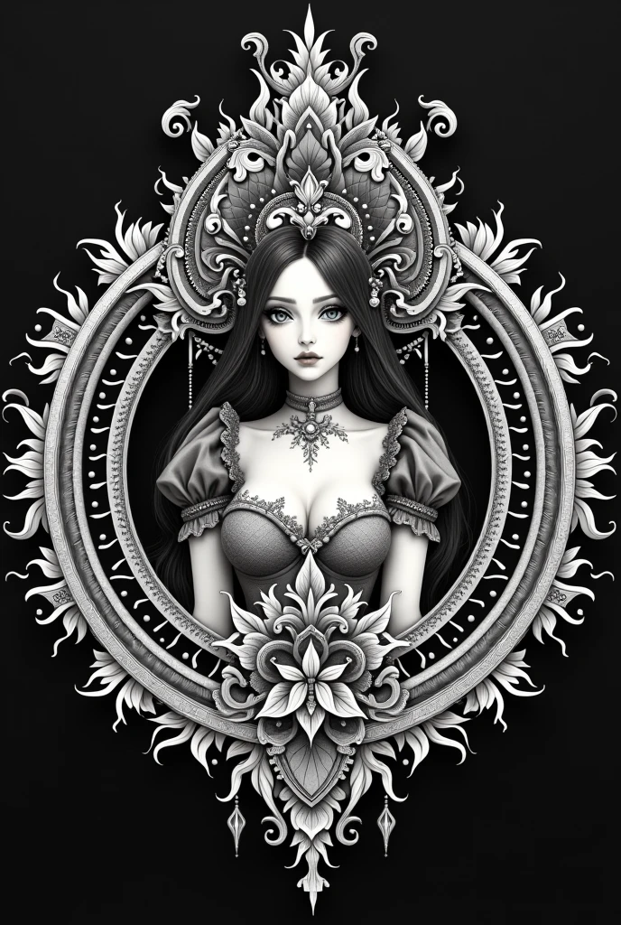 create me a mandala without color with a theme of girly ang coquette with gothic