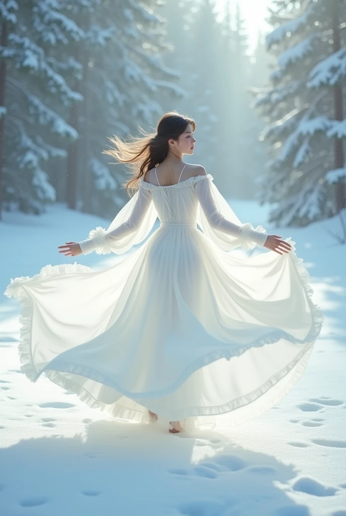 A twirl picture of a girl wearing glowing white dress fully covered modest dress.. White snow is around her,