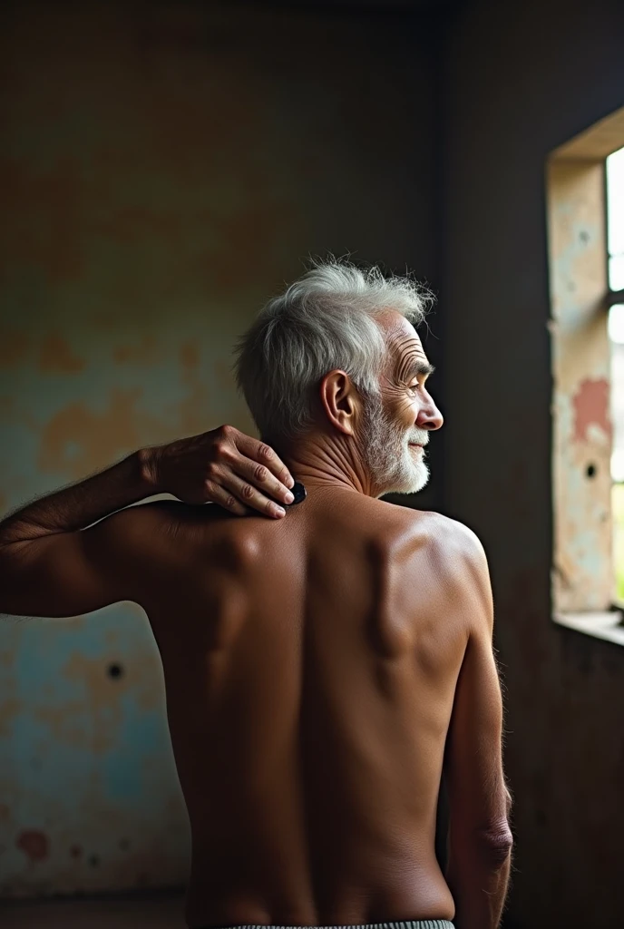 elderly Brazilian man on the back with a spoon in his hand massaging his spine with the spoon