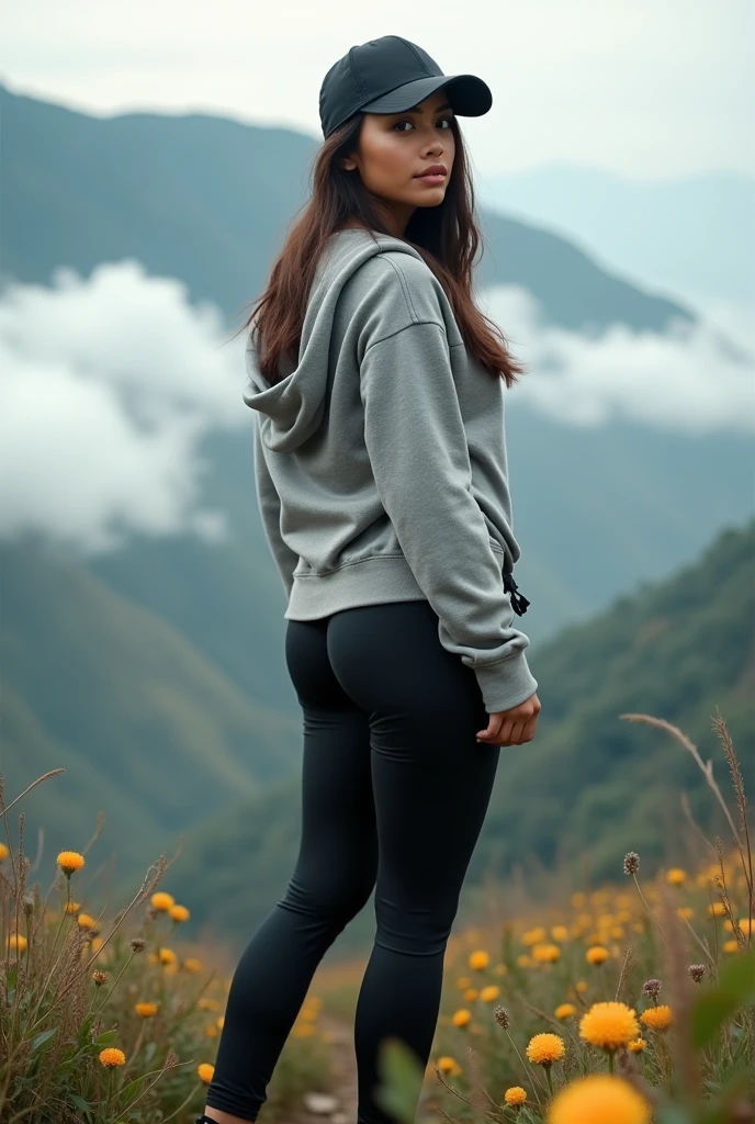 full-body portrait photograph of a young java woman hijab with polo Cap, wearing tight-fitting , hotpant with leggings, pinarofe, oversized_breasts.", she is hiking, beautiful_breasts. sensual body, in a unique, photoshot model, ((In front of flowers in sea of clouds over the mountain)), pullover, highres, 4k, HDR, 1girl, photorealistic, realistic, big booobs, turning away facial at viewer, closeup