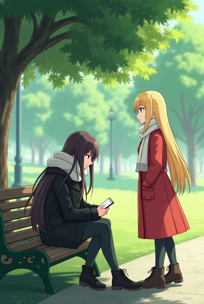 A young woman was sitting under a large tree in a public park. The young woman was wearing a black coat and a white scarf. Her long dark brown hair covered her face. Beside her was a small notebook. She seemed to be concentrating on what was in the notebook. A young woman with long golden hair, wearing a bright red coat and a white scarf, walked up to greet her, asking to get a little closer, looking pretty.