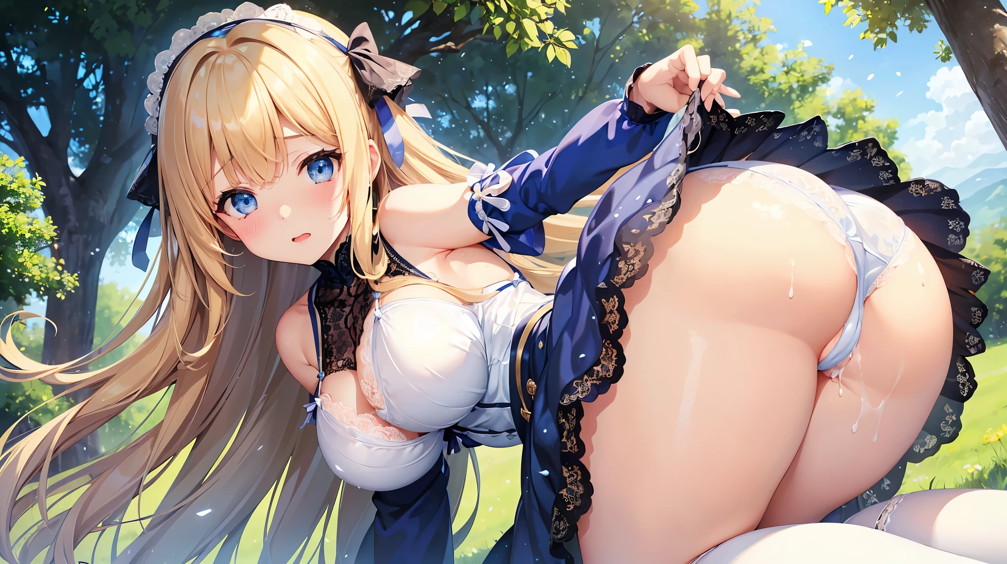 ((Highest quality、High resolution))、1 Girl、Perfect body、Beautiful and bountiful breasts、tits、Ass、Pussy、long blond、bangs、Blue and white、Embellished blue sexy dress、skirt、(((ass pov、Show lace panties)))、Outdoor Scenery、((Embarrassed、Covered in semen))