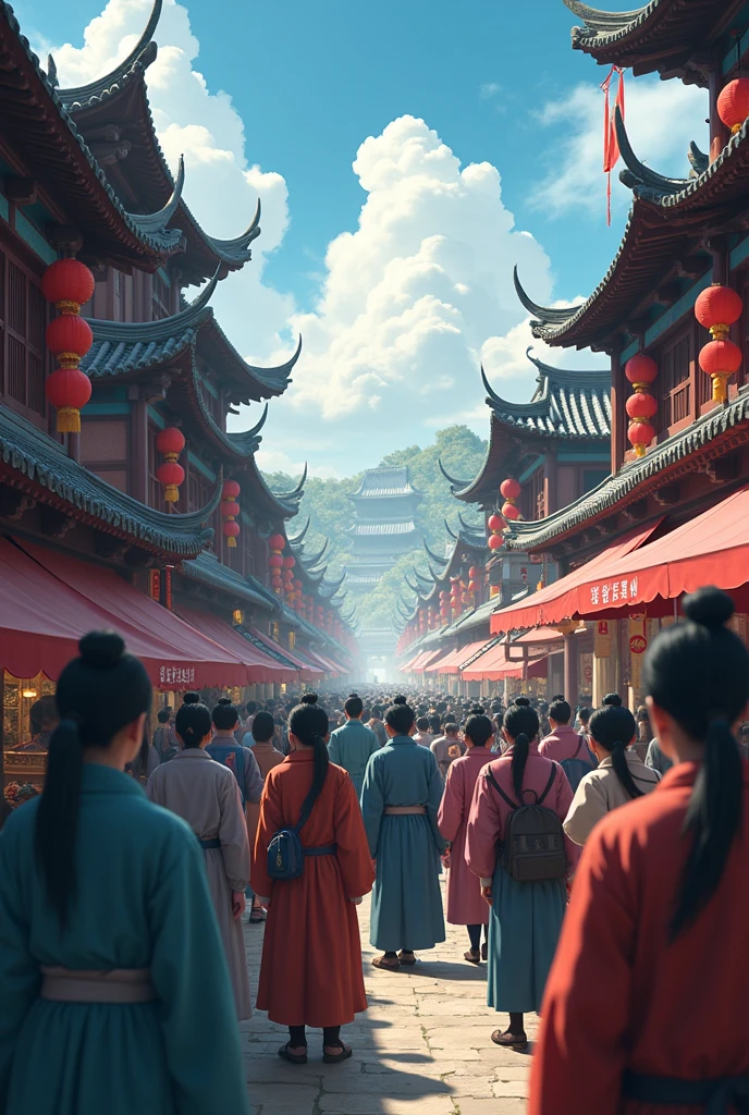 Excellent Works,4K high-definition images。Antique anime style Excellent Works,Antique anime style,Tang Chang'an,Close-up shot of an ancient market in clear weather,The crowd onlookers hid in fear.,Second Dimension