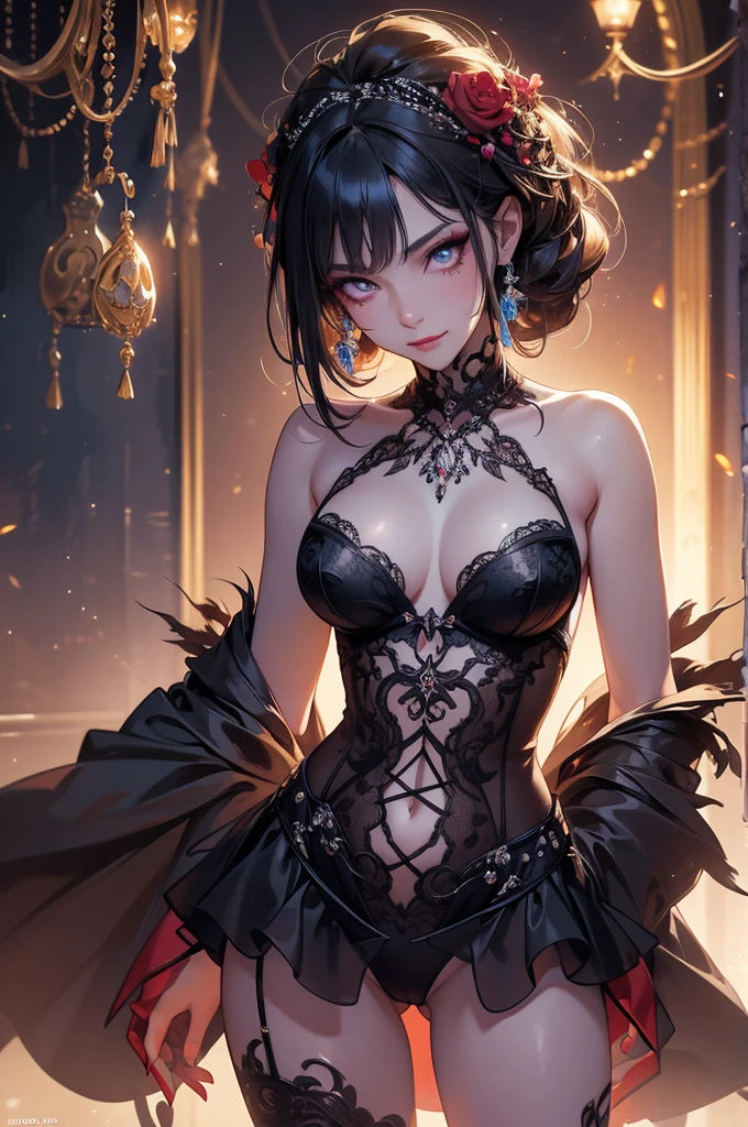 masterpiece,best quality,extremely detailed CG,ultra-detailed,beautiful detailed eyes,1woman,monster woman,bodypaint,random colored skin,angry smile,sexy makeup,random colored eyes,open stance,full body,lingerie,