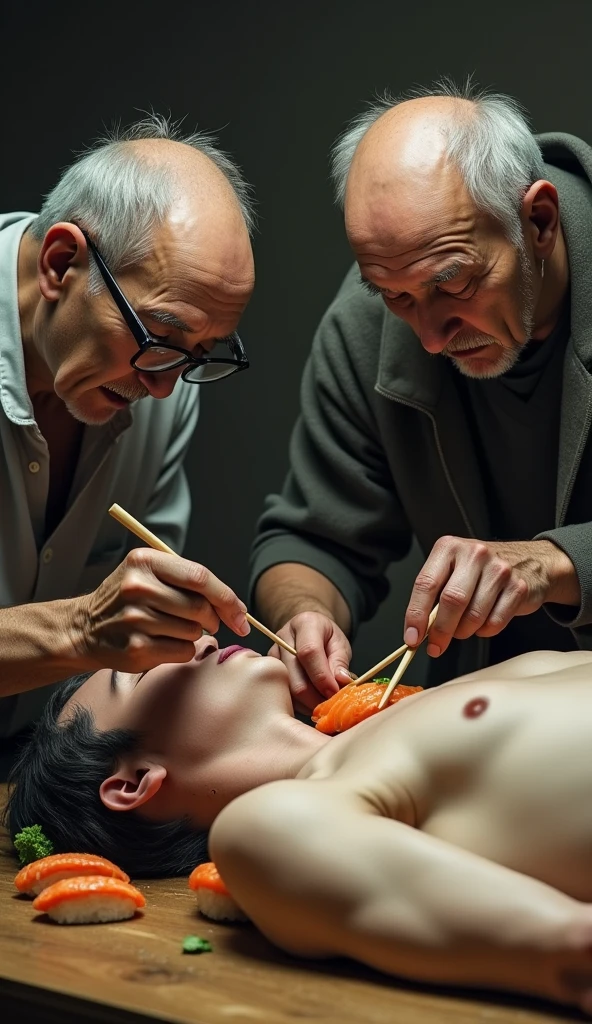 2 old men use chopstick for picking up sushi from a naked men body lying on the table