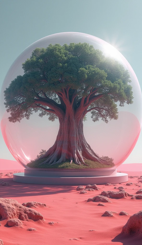 surreal scene, in the pink desert stands a huge glass ball, inside it grows an old and giant banyan tree with a large canopy and thick trunk, whole tree enclosed in a glass ball