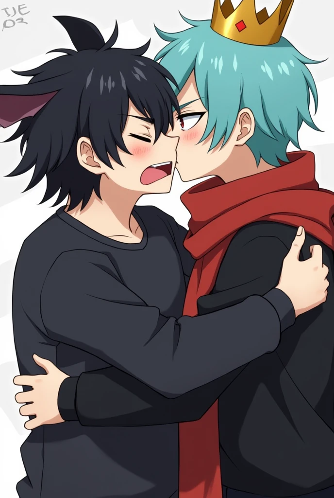 Create an anime image that has two 1 boys,one is called Bat and wears a black sweatshirt,her hair is black with two bat wings on top! The other one is called Sdepy and he wears a black sweatshirt with a red scarf., his hair is cyan and he wears a crown! Sdepy is kissing Bat with an angry face 