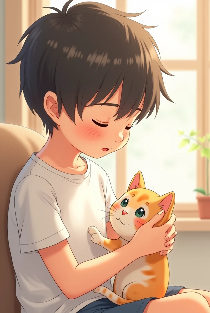 Anime cute boy with white ti shirt and black hair sit with cat hold on hand 
