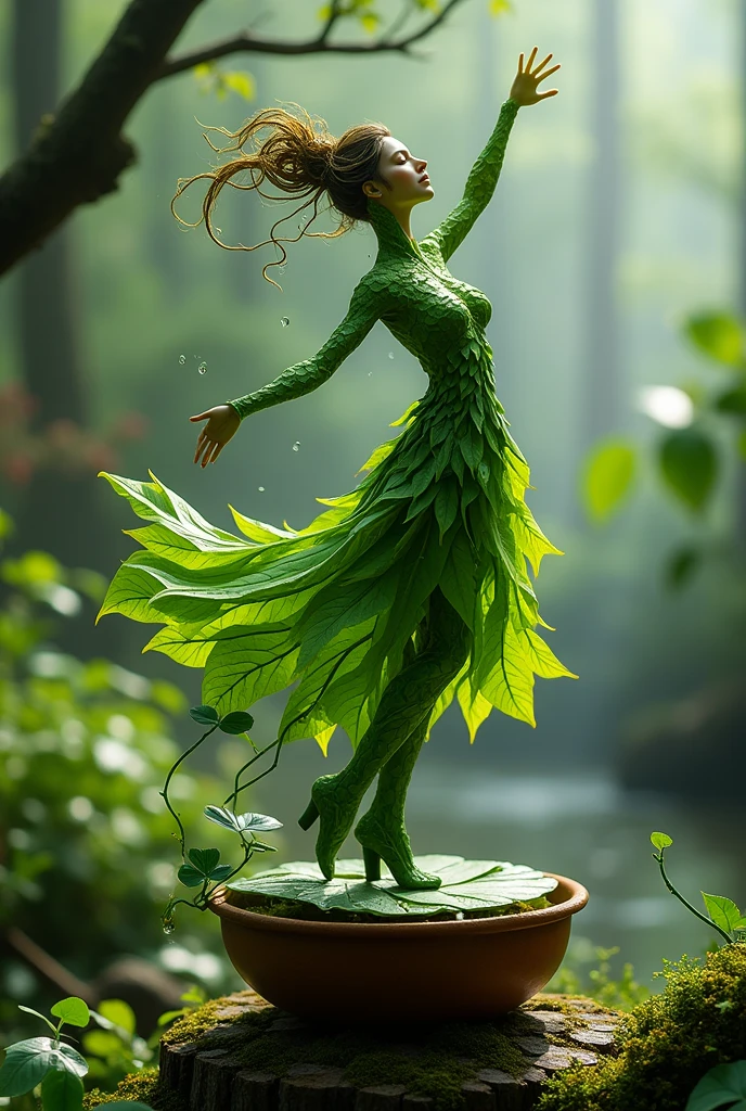 whimsical sculpture of a graceful dancer made entirely of vibrant green leaves, poised elegantly on a round leaf atop a rustic claypot. The background features a lush, enchanted forest with soft raindrops cascading down, creating a serene and magical atmosphere. The dancer's arme are outstretched, and delicate tendrils of vines curl around her figure, enhancing the organic feel. The scene is illuminated with soft, natural lighting, capturing the intricate details of the leaves and the tranquil beauty of the forest setting