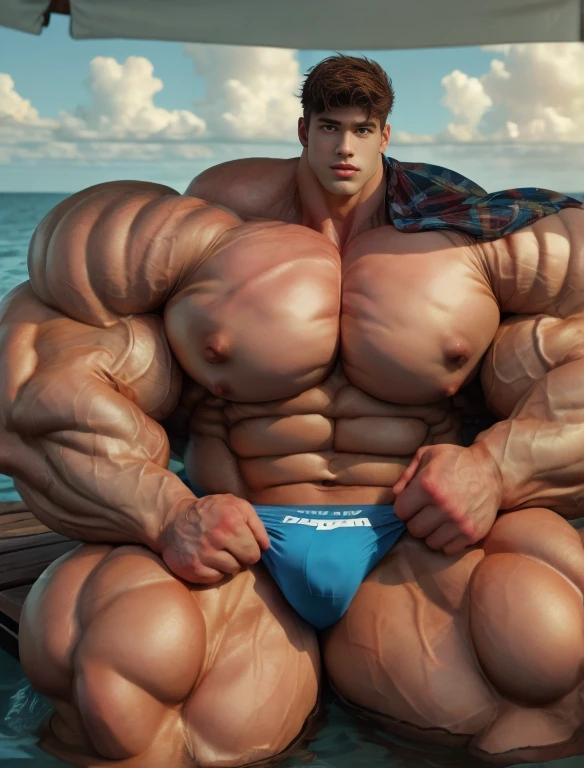 1boy, giant, asian, solo, giant bodybuilder, golden hour, strong body, bulk, large size, seated in any ocean water dock, outdoor, nude, blue triangular underwear with enormous bulge, extraordinary big, brutalmass, giant muscular body, bulk, buff, massive body, large meaty body size, extremely wide body, tallest body