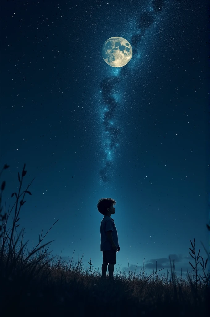 A boy is watching million of stars standing at the moon