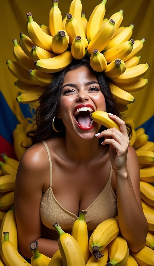 Clothed 30's、One incredibly beautiful Ecuadorian woman。Dressed in traditional American clothing。Facing forward、Open your mouth wide、The banana in her right hand looks delicious.、I bite into it with the skin on.。The expression is、Ecstatic expression、I feel a strong sense of ecstasy。Being sexually aroused。With a smile、Both eyes are open。The head was peeled、Covered with lots of real bananas。On and around the head、There are a lot of bananas。There are bananas all around。There are so many bananas。The skin is、Hidden by clothes、Light clothing。There are bananas all around。Covered in bananas。No tattoos。The background is the color of the Ecuadorian flag.。9:16 sizes。Highest quality、A masterpiece。