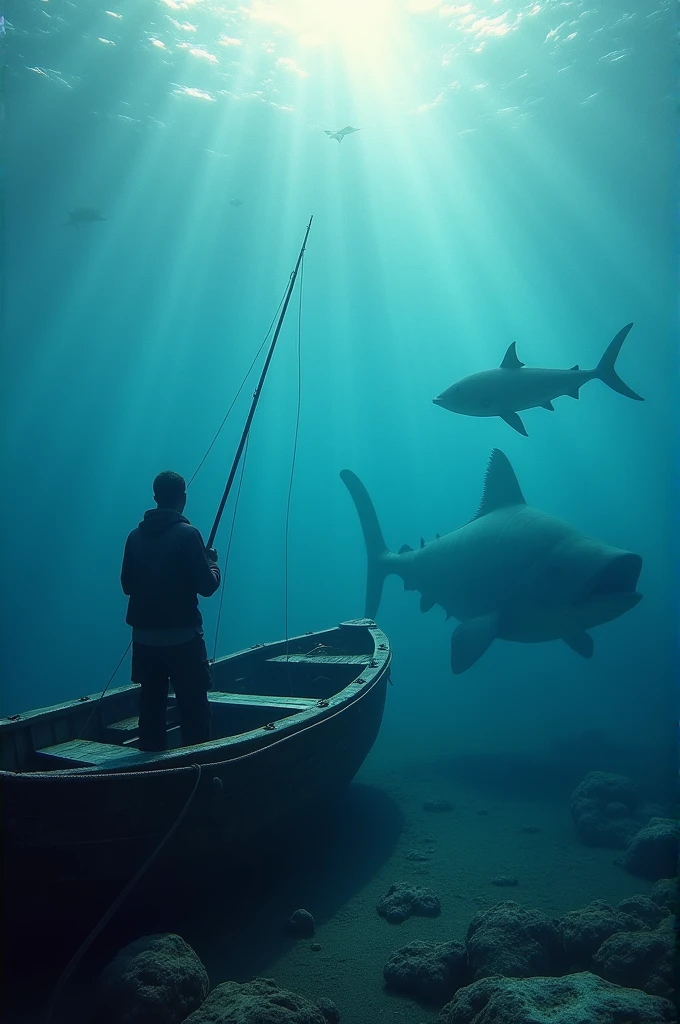 on the water a fisherman with his boat and under the water sea animals, ultra realisitic
