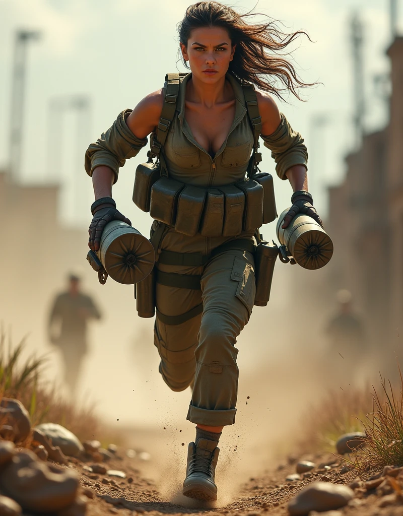 (Photorealism:1.2), sexy woman soldier, A soldier running with ammunition cans in both hands.