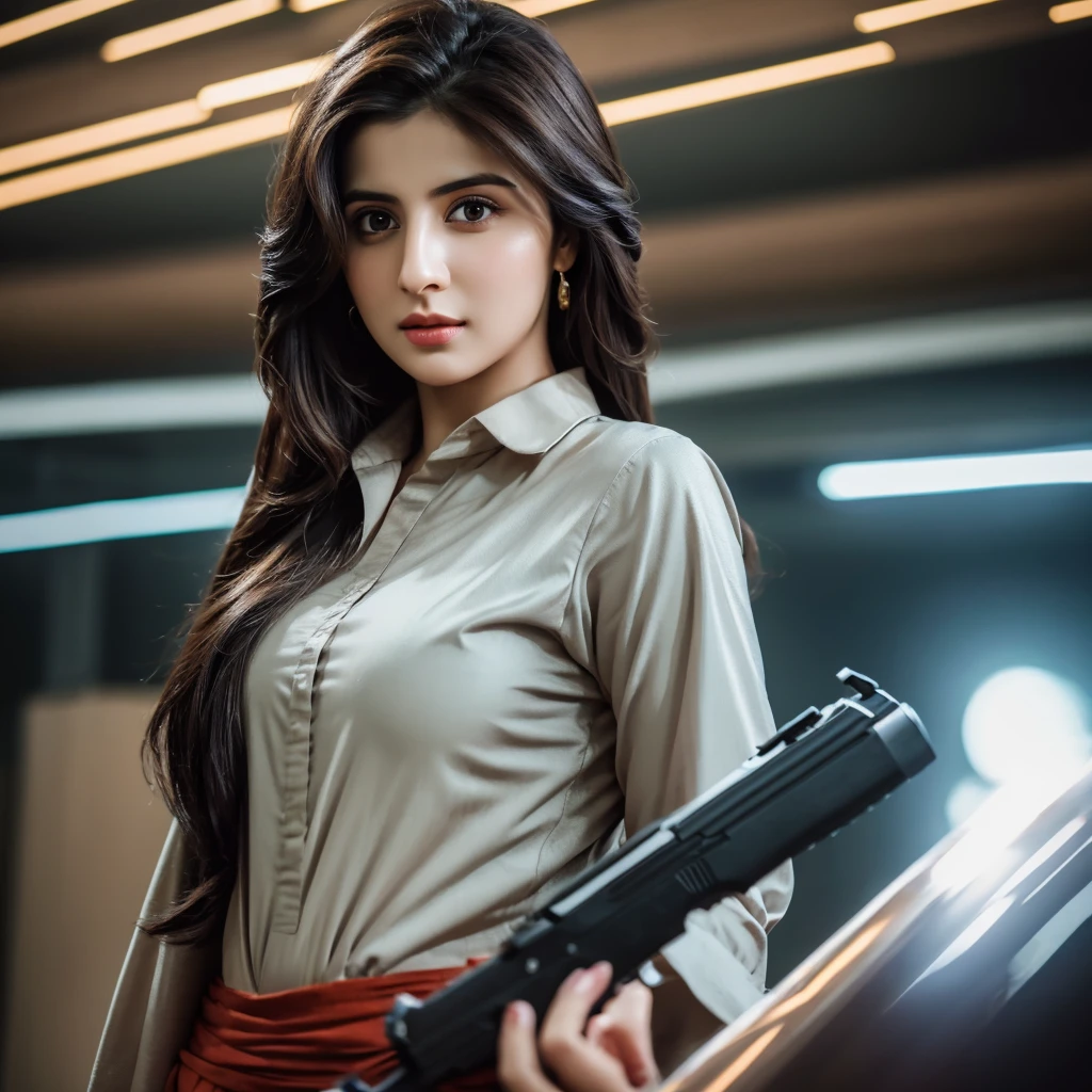 A Wanna A Realistic Picture Of Human Girl Who Is Exact Replica Of ayeza khan and skin fair and wearing pant shirt and holding a gun in hand like real and cinematic effect 