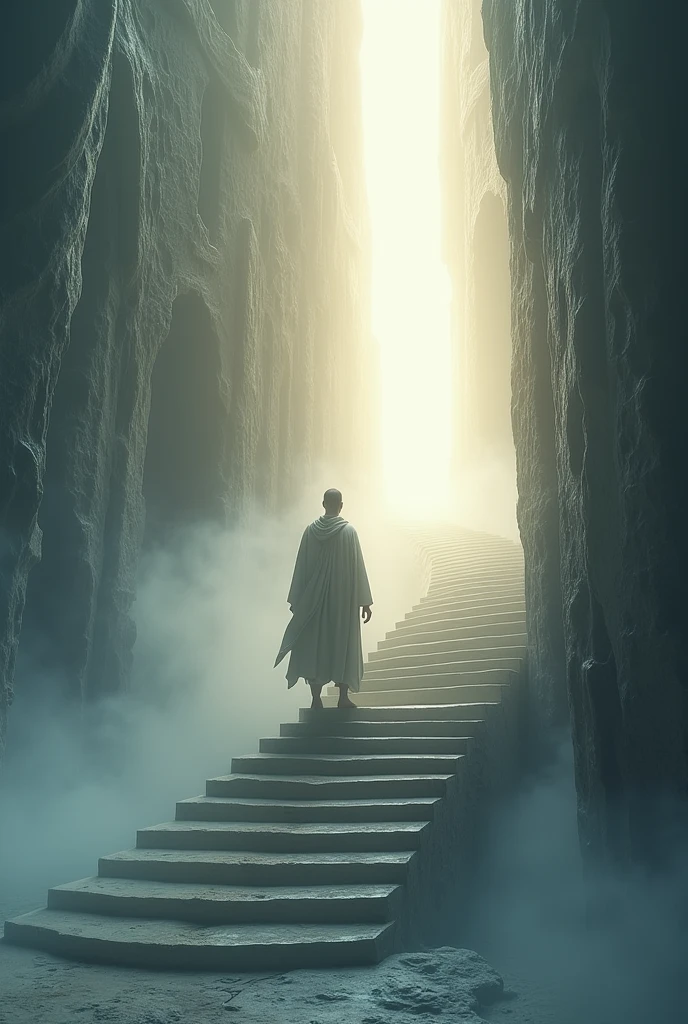steps to the beautiful light of divine world, a man is staying in first step 