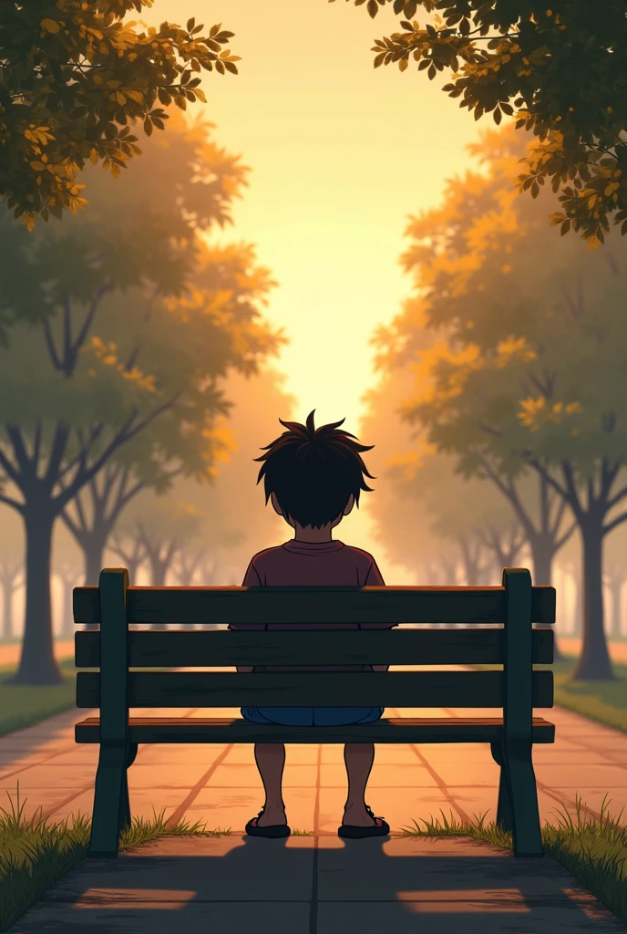 A sad boy sitting on a bench during dawn time after losing in life