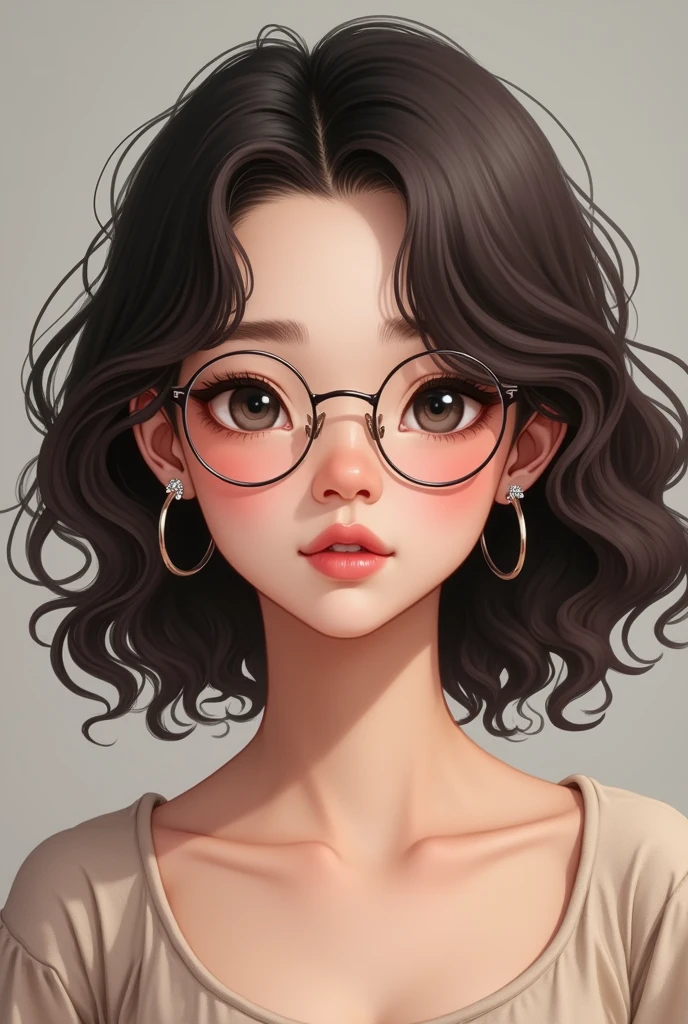 Round face, round wire frame glasses, small lips, small nose, shoulder lenth hair curly hair with so much volume who wears a casual dress, pinkish face colour, slimmer eyebrows and ear fit diamond earrings, 15 yr old lookand small grey pupils eyes, realistic 