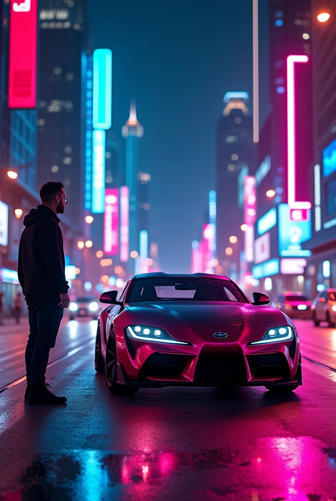 Supra car in Dubai city road in night with neon pink and blue light with some fire . In the building and a man looking it's like a wow