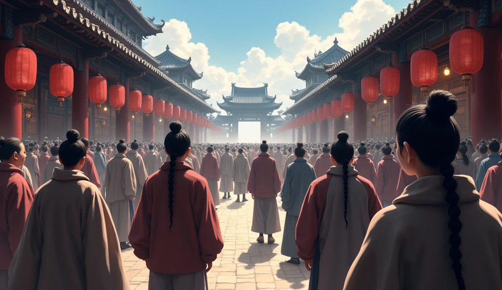 Excellent Works,4K high-definition images。Antique anime style Excellent Works,Antique anime style,Tang Chang'an,Close-up shot of an ancient market in clear weather,The crowd onlookers hid in fear.,。Second Dimension