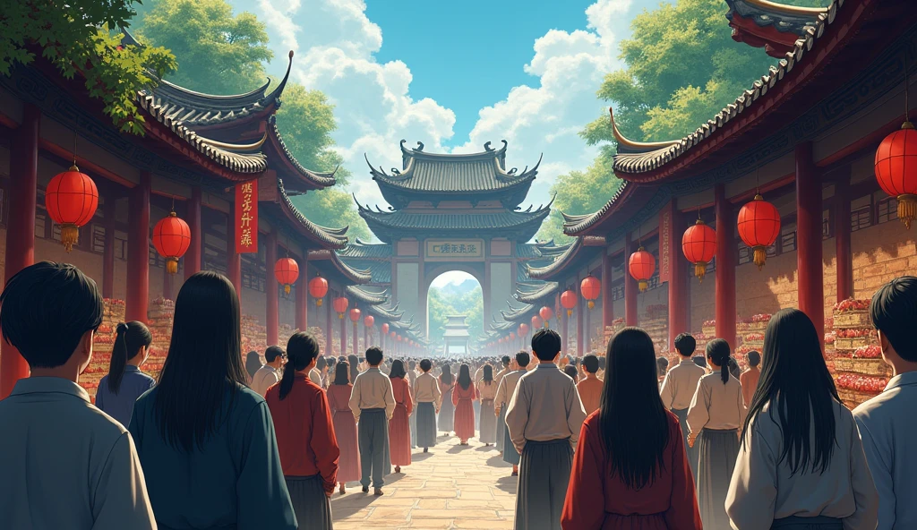 Excellent Works,4K high-definition images。Antique anime style Excellent Works,Antique anime style,Tang Chang'an,Close-up shot of an ancient market in clear weather,The crowd onlookers hid in fear.,。Second Dimension