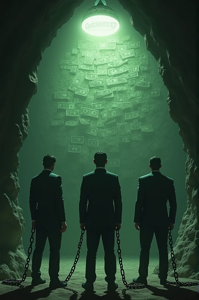 A dark cave, dimly lit, with three people in the foreground, those on the hands, are tied to the wall with heavy iron chains at the neck and legs. They stand next to each other and look directly at a rough cave wall in front of them. Behind these people a massive wall of green banknotes is built, through which you can see shadows of people in elegant suits, who go busily back and forth.
Above the heads of the businessmen are various luxurious items, like expensive cars, jewellery, Clocks and Houses. A special lamp, that hovers above them, has the word "Career" engraved on it and casts a weak, but ominous ray of light, which projects the shadows of these expensive objects large and threateningly onto the cave wall, right in the line of sight of the tied up people.
These shadows appear larger than life and almost tangible, while the bound people stare at them with empty expressions.
