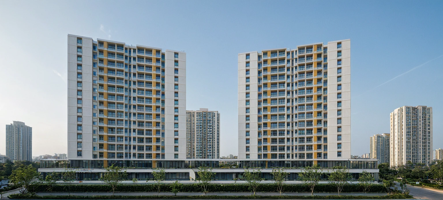 shangyejie, a residential towers, with a small podium at the ground floor and white color, in the Ho Chi Minh city in Viet Nam, designed in the style of modern architectural style. The towers have rectangular balconies on each side.side view,During the daytime, natural lighting, architectural photography, masterpiece, best quality, photorealism, ultra relistic,