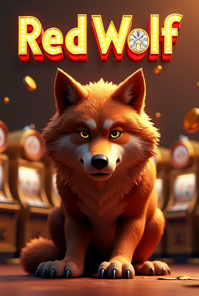3D Animation Wolf with name on top "Red WOLF" with gold letters and diamonds.
Golden slot machines in the background.