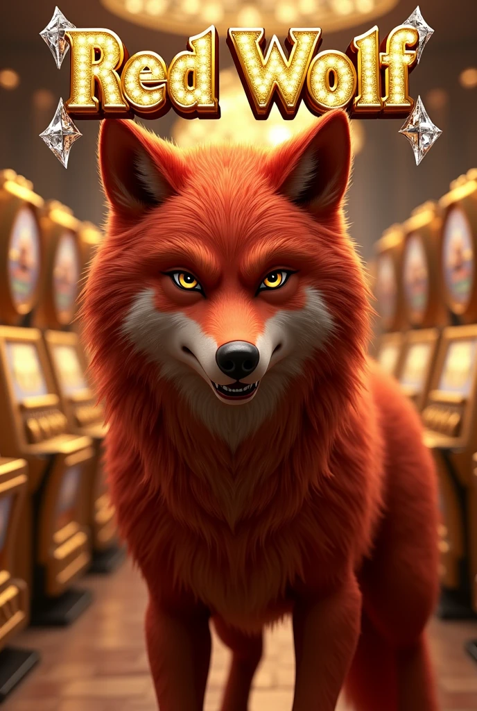 3D Animation Wolf with name on top "Red WOLF" with gold letters and diamonds.
Golden slot machines in the background.