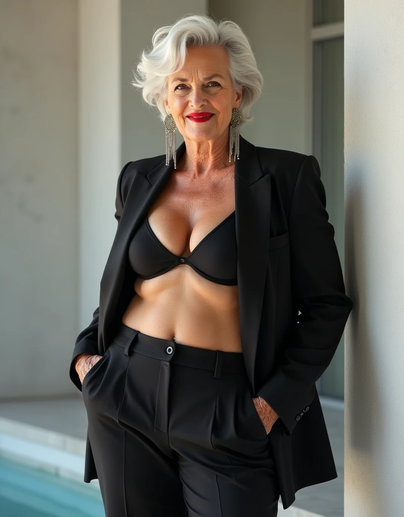 Women Big body healthy over 60 plus American stylish modern Attitude wearing bikini and a sleek, monochromatic outfit with clean lines and minimal embellishments. Think structured blazers and tailored pants.
Lipstick long earings she looks so hot in bikini