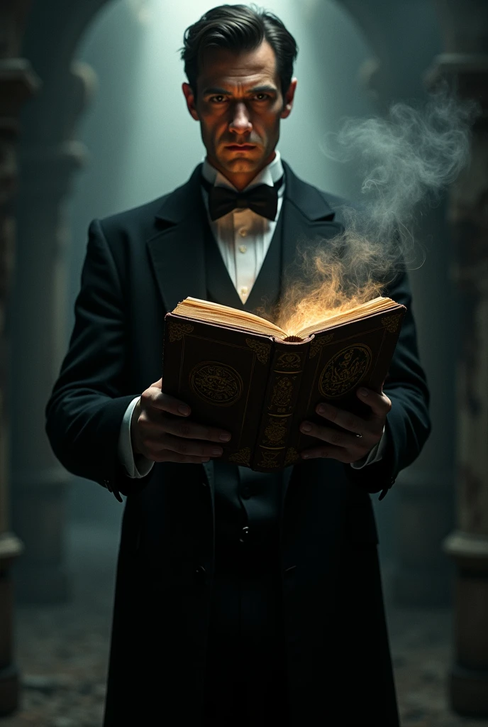 Tall English man wearing black suit and blazer with mysterious air black hair w a magic book