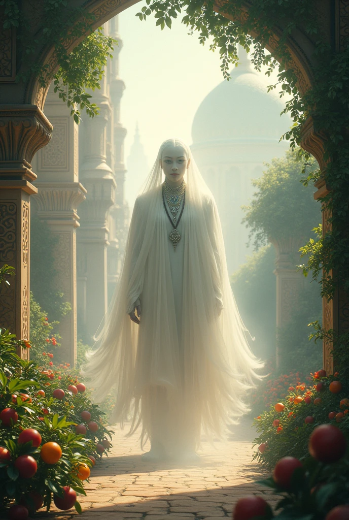 An ethereal scene capturing the arabian bald jin vanishing into swirling mist and light, leaving behind a sense of magic and fulfillment in an ancient city.
Here are also a garden,flower,fruits ,tree,jewellery and a lot of people