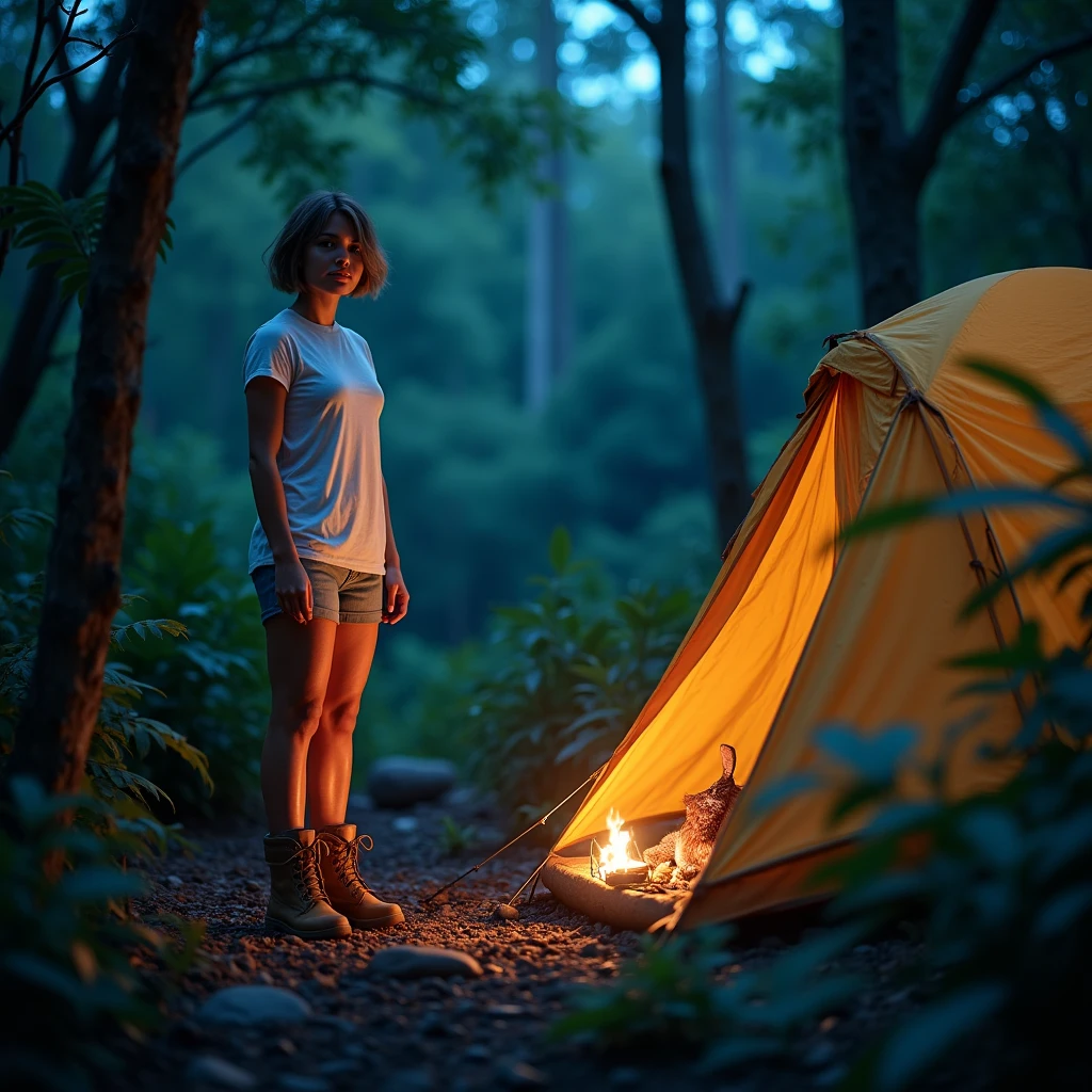 A full body, portrait of a American-looking women with short hair wearing boots. She is 170 cm tall and weighs 70 kg. she is wearing white tshirt, standing in a jungle near her camp. she is an night camper. The background has night light, creating a magical forest and camp scene. The women is standing in the corner, creating a mystical forest atmosphere. . Her face is looking at the camera, and the portrait is taken from the side. The image should be realistic and brigth.