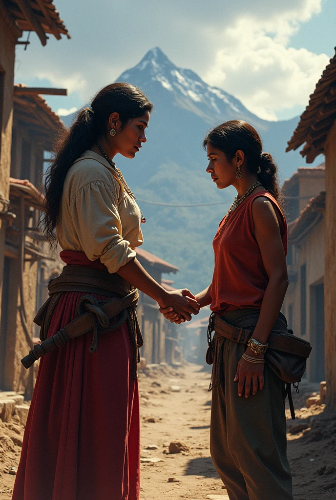 Micaela Bastidas looking with her hand outstretched at an exploited Indian woman worker from colonial times in Peru