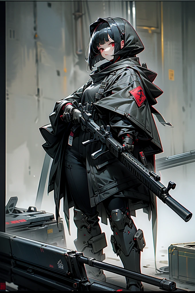 Highest quality、Every detail、Structurally correct、Anti-material riflesを両手で持つ、Girl in a hood、Bob cut with black hair、Red eyes、Anti-material rifles、Huge rifle、Heavy equipment、Black clothes、iron、Metallic、