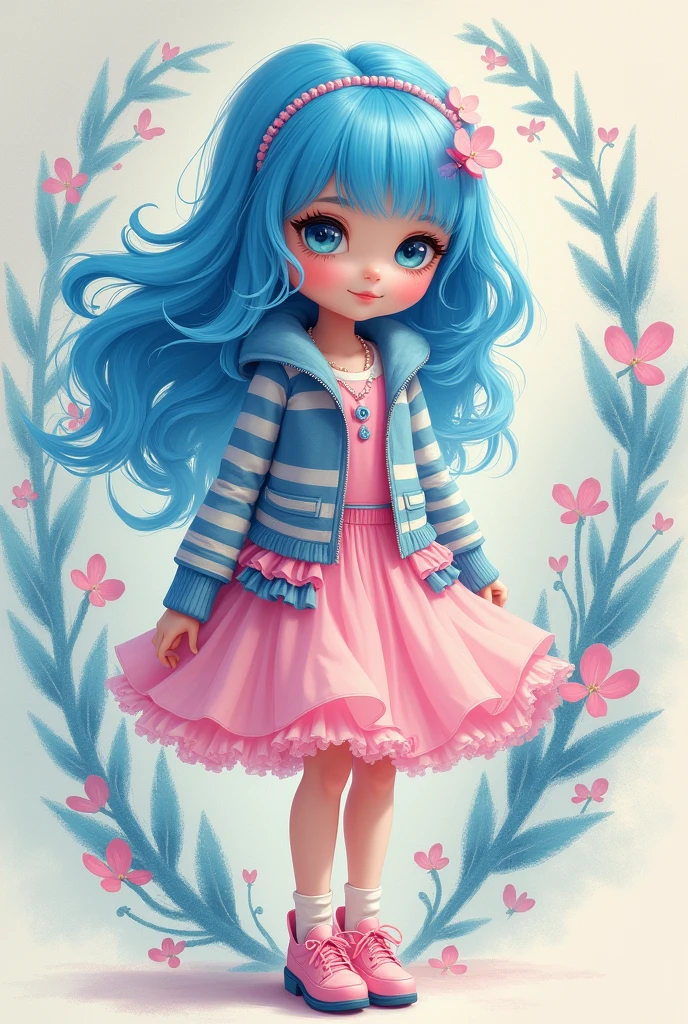 dreamy image, cute princess with blue hair, in an airy pink and blue knee-length dress, striped golf jacket and pink shoes, tamara laporte style, swirling magical fairytale style of abstract art —style raw